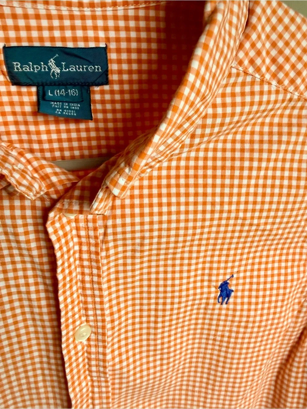 Ralph Lauren Orange and White Gingham Button-Down Shirt with Blue Pony